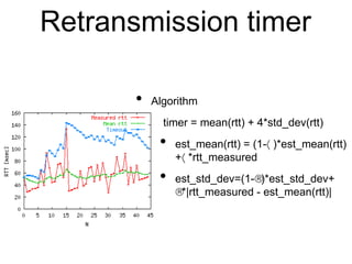 Retransmission timer 
• Algorithm 
• timer = mean(rtt) + 4*std_dev(rtt) 
• est_mean(rtt) = (1- )*est_mean(rtt) 
+ *rtt_m...