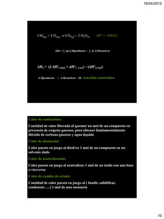 18/04/2012




      CH4(g) + 2 O2(g)  CO2(g) + 2 H2O(l)           Hº = –890 kJ



                     Hr = ∑ np  Hproductos – ∑ nr  Hreactivos




      Hr = (2 Hºf H2O + Hºf         CO2)   – (Hºf CH4)


       Hproductos    <  Hreactivos    reacción exotérmica




Calor de combustión:
Cantidad de calor liberada al quemar un mol de un compuesto en
presencia de oxígeno gaseoso, para obtener fundamentalmente
dióxido de carbono gaseoso y agua líquida
Calor de disolución:
Calor puesto en juego al disolver 1 mol de un compuesto en un
solvente dado
Calor de neutralización:
Calor puesto en juego al neutralizar 1 mol de un ácido con una base
o viceversa
Calor de cambio de estado:
Cantidad de calor puesta en juego al ( fundir, solidificar,
condensar…..) 1 mol de una sustancia




                                                                             10
 