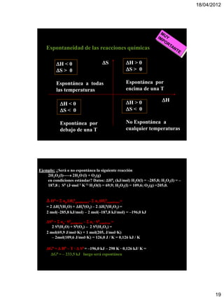 18/04/2012




    Espontaneidad de las reacciones químicas

          H < 0                        S              H > 0
          S > 0                                        S > 0

          Espontánea a todas                            Espontánea por
          las temperaturas                              encima de una T

                                                        H > 0        H
            H < 0
            S < 0                                      S < 0

            Espontánea por                              No Espontánea a
            debajo de una T                             cualquier temperaturas




Ejemplo: ¿Será o no espontánea la siguiente reacción
    2H2O2(l) 2H2O (l) + O2(g)
    en condiciones estándar? Datos: H0f (kJ/mol) H2O(l) = –285,8; H2O2(l) = –
    187,8 ; S0 (J·mol 1 K·1) H2O(l) = 69,9; H2O2(l) = 109,6; O2(g) =205,0.


     H0 =  npHf0(productos)–  nrHf0(reactivos) =
    = 2 Hf0(H2O) + Hf0(O2) – 2 Hf0(H2O2) =
    2 mol(–285,8 kJ/mol) – 2 mol(–187,8 kJ/mol) = –196,0 kJ

    S0 =  np· S0productos –  nr· S0reactivos =
       2 S0(H2O) + S0(O2) – 2 S0(H2O2) =
    2 mol(69,9 J/mol·K) + 1 mol(205, J/mol·K)
       – 2mol(109,6 J/mol·K) = 126,0 J / K = 0,126 kJ / K

    G0 =  H0 – T ·  S0 = –196,0 kJ – 298 K · 0,126 kJ/ K =
      G0 = – 233,5 kJ luego será espontánea




                                                                                        19
 