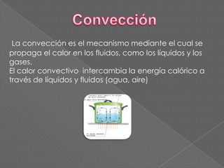 La convección es el mecanismo mediante el cual se
propaga el calor en los fluidos, como los líquidos y los
gases.
El calor convectivo intercambia la energía calórico a
través de líquidos y fluidos (agua, aire)
 