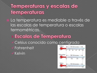 La temperatura es mediable a través de
las escalas de temperatura o escalas
termométricas.
Celsius conocido como centígrada
Fahrenheit
Kelvin
 