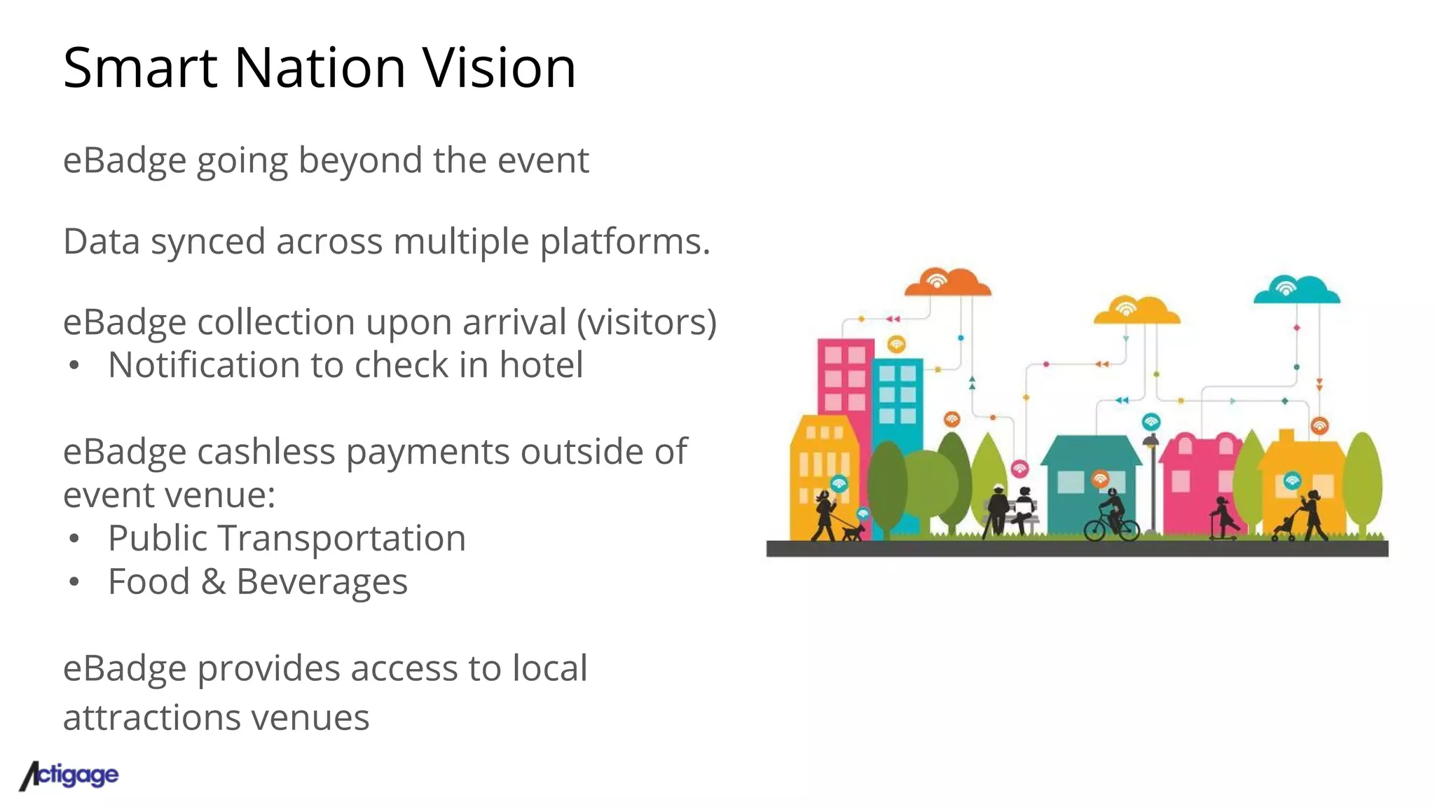 Smart Nation Vision
eBadge going beyond the event
Data synced across multiple platforms.
eBadge collection upon arrival (visitors)
• Notification to check in hotel
eBadge cashless payments outside of
event venue:
• Public Transportation
• Food & Beverages
eBadge provides access to local
attractions venues
 