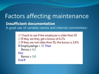Factors affecting maintenance
Insufficient documentation
A good use of variable names and internal commentary:
 