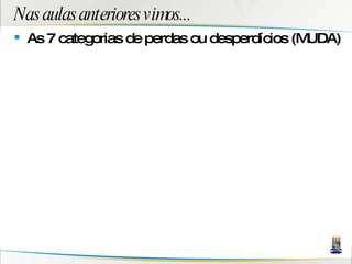 Nas aulas anteriores vimos... As 7 categorias de perdas ou desperdícios (MUDA) 
