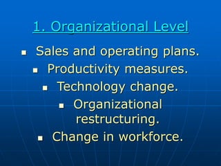 1. Organizational Level
 Sales and operating plans.
 Productivity measures.
 Technology change.
 Organizational
restructuring.
 Change in workforce.
 