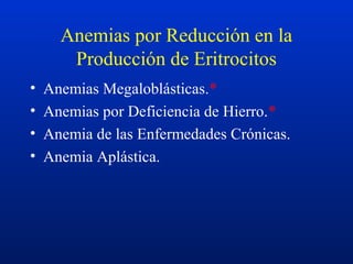 Anemias por Reducción en la
Producción de Eritrocitos
• Anemias Megaloblásticas.*
• Anemias por Deficiencia de Hierro.*
• Anemia de las Enfermedades Crónicas.
• Anemia Aplástica.
 