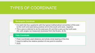 TYPES OF COORDINATE
• It is split into four quadrants with the typical mathematical convention of the axis
to the north and east being positive and to the south and west, negative.
• The x-axis is referred to as the east-axis (E) and the y-axis as the north-axis
(N), with angles (a) measured clockwise from the N-axis, (E,N)
Rectangular Coordinate
• Polar coordinate used distance and whole circle bearing of the line
• Used to define the relative position of one point to another
• (d,β)
Polar Coordinate
 