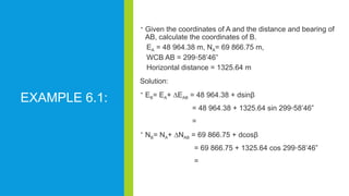 EXAMPLE 6.1:
 Given the coordinates of A and the distance and bearing of
AB, calculate the coordinates of B.
EA = 48 964.38 m, NA= 69 866.75 m,
WCB AB = 299◦58’46”
Horizontal distance = 1325.64 m
Solution:
 EB= EA+ ∆EAB = 48 964.38 + dsinβ
= 48 964.38 + 1325.64 sin 299◦58’46”
=
 NB= NA+ ∆NAB = 69 866.75 + dcosβ
= 69 866.75 + 1325.64 cos 299◦58’46”
=
 