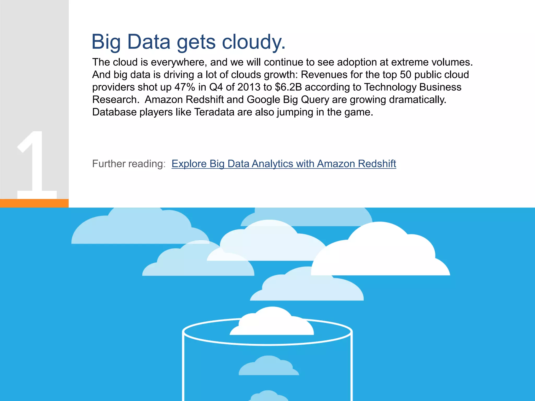 The cloud is everywhere, and we will continue to see adoption at extreme volumes.
And big data is driving a lot of clouds growth: Revenues for the top 50 public cloud
providers shot up 47% in Q4 of 2013 to $6.2B according to Technology Business
Research. Amazon Redshift and Google Big Query are growing dramatically.
Database players like Teradata are also jumping in the game.
Further reading: Explore Big Data Analytics with Amazon Redshift
Big Data gets cloudy.
 