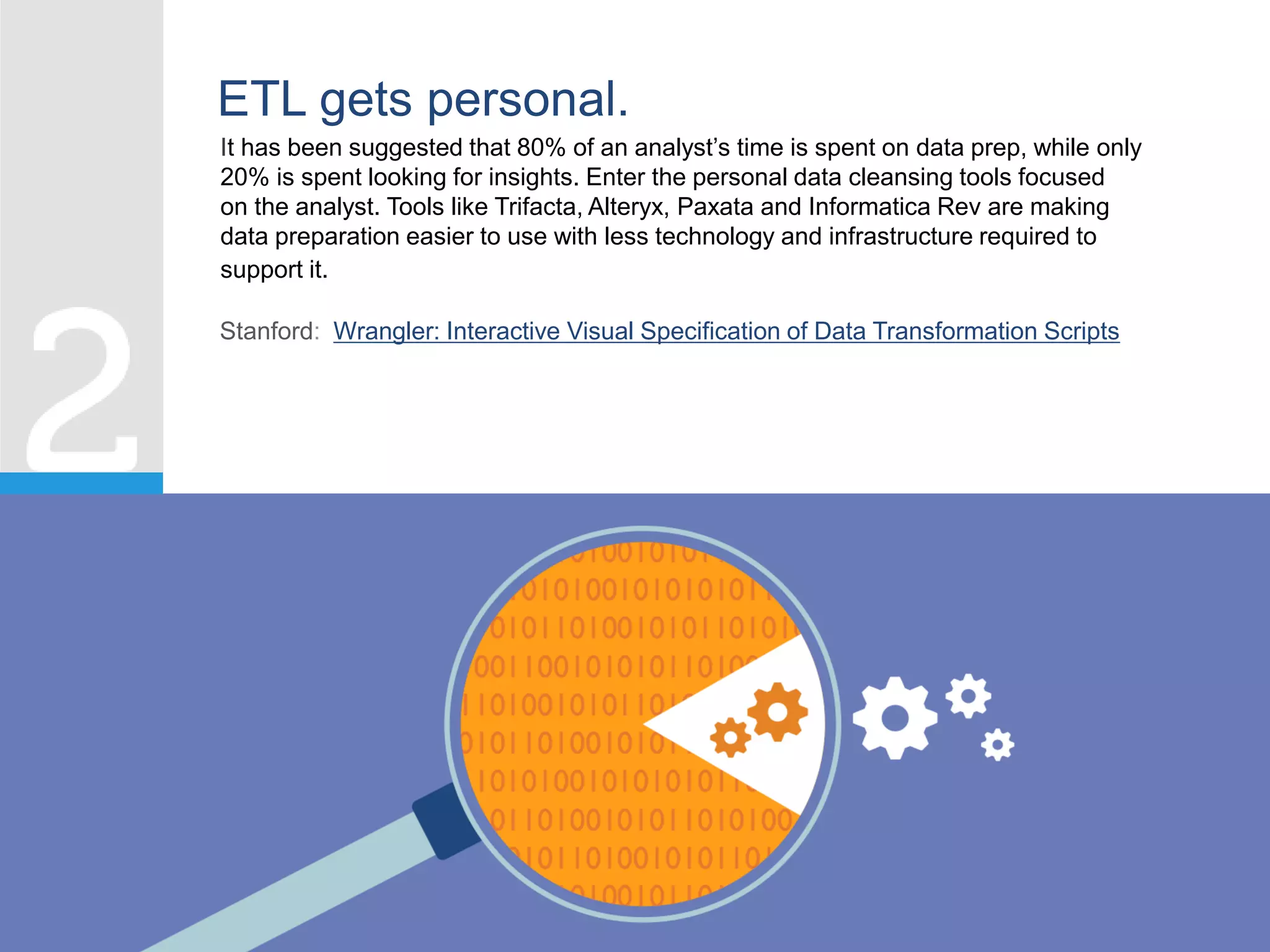 It has been suggested that 80% of an analyst’s time is spent on data prep, while only
20% is spent looking for insights. Enter the personal data cleansing tools focused
on the analyst. Tools like Trifacta, Alteryx, Paxata and Informatica Rev are making
data preparation easier to use with less technology and infrastructure required to
support it.
ETL gets personal.
Stanford: Wrangler: Interactive Visual Specification of Data Transformation Scripts
 