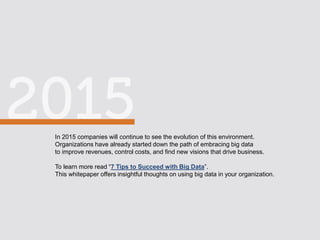 In 2015 companies will continue to see the evolution of this environment.
Organizations have already started down the path of embracing big data
to improve revenues, control costs, and find new visions that drive business.
To learn more read “7 Tips to Succeed with Big Data”.
This whitepaper offers insightful thoughts on using big data in your organization.
 