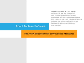 About Tableau Software
Tableau Software (NYSE: DATA)
helps people see and understand
data. Providing rapid-fire business
Intelligence with a consistent experience
from the PC to the iPad. Tableau solutions
generate fast, visual, self-service data
dashboards with no programming
skills required.
http://www.tableausoftware.com/business-intelligence
 