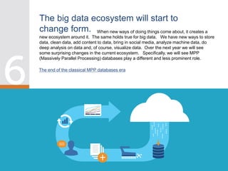 The big data ecosystem will start to
change form. When new ways of doing things come about, it creates a
new ecosystem around it. The same holds true for big data. We have new ways to store
data, clean data, add content to data, bring in social media, analyze machine data, do
deep analysis on data and, of course, visualize data. Over the next year we will see
some surprising changes in the current ecosystem. Specifically, we will see MPP
(Massively Parallel Processing) databases play a different and less prominent role.
The end of the classical MPP databases era
 