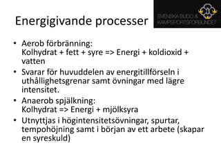 Energigivande processerAerob förbränning:Kolhydrat + fett + syre => Energi + koldioxid + vattenSvarar för huvuddelen av energitillförseln i uthållighetsgrenar samt övningar med lägre intensitet.Anaerob spjälkning: Kolhydrat => Energi + mjölksyraUtnyttjas i högintensitetsövningar, spurtar, tempohöjning samt i början av ett arbete (skapar en syreskuld)