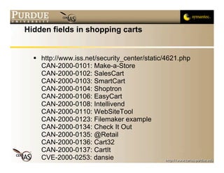 Hidden fields in shopping carts


   http://www.iss.net/security_center/static/4621.php
    CAN-2000-0101: Make-a-Store
    CAN-2000-0102: SalesCart
    CAN-2000-0103: SmartCart
    CAN-2000-0104: Shoptron
    CAN-2000-0106: EasyCart
    CAN-2000-0108: Intellivend
    CAN-2000-0110: WebSiteTool
    CAN-2000-0123: Filemaker example
    CAN-2000-0134: Check It Out
    CAN-2000-0135: @Retail
    CAN-2000-0136: Cart32
    CAN-2000-0137: CartIt
    CVE-2000-0253: dansie
 