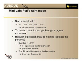 Mini-Lab: Perl's taint mode


   Start a script with:
     – #! /usr/bin/perl -Tw
          -T switch turns on taint mode
   To untaint data, it must go through a regular
    expression
   Regular expression may do nothing (defeats the
    purpose)
     – $tainted =~ /(.*)/;
          / / specifies a regular expression
          () specifies a match
     – The $1 variable contains the first match
          Example: $clean = $1;
 