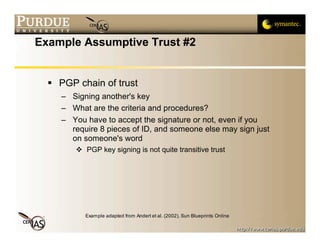 Example Assumptive Trust #2


   PGP chain of trust
     – Signing another's key
     – What are the criteria and procedures?
     – You have to accept the signature or not, even if you
       require 8 pieces of ID, and someone else may sign just
       on someone's word
         PGP key signing is not quite transitive trust




           Example adapted from Andert et al. (2002), Sun Blueprints Online
 