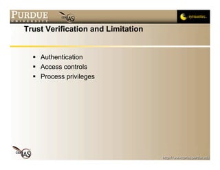 Trust Verification and Limitation


   Authentication
   Access controls
   Process privileges
 