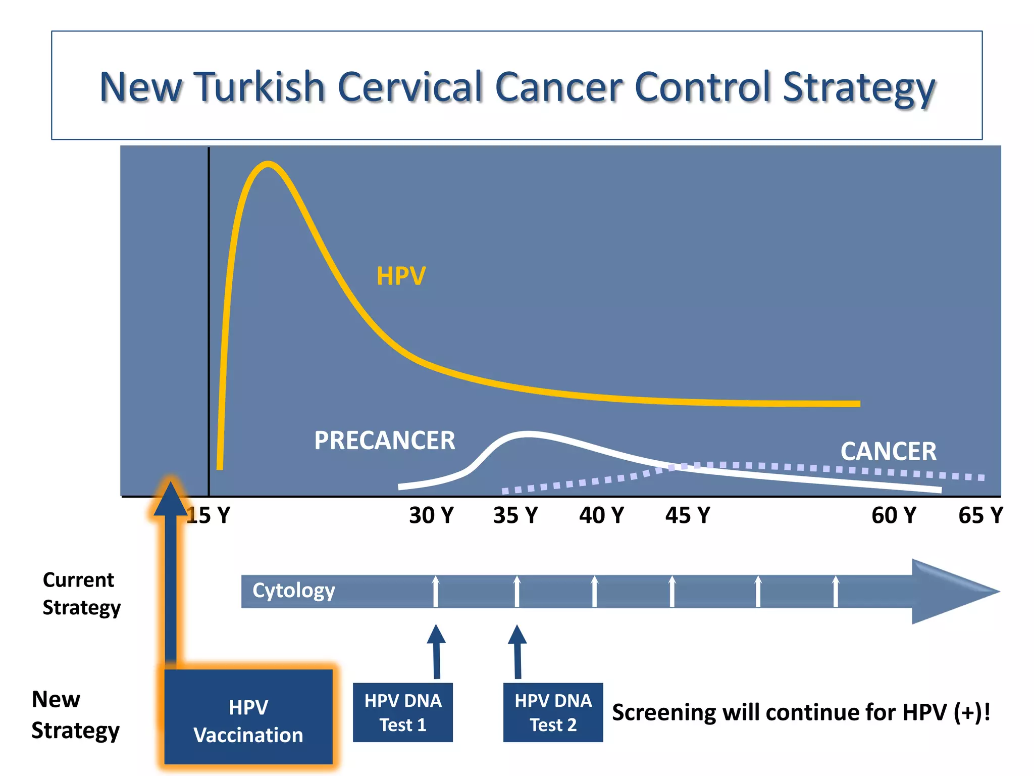 New Turkish Cervical Cancer Control Strategy


                               HPV




                          PRECANCER                                      CANCER

            15 Y                  30 Y   35 Y   40 Y     45 Y               60 Y    65 Y

 Current           Cytology
 Strategy



New            HPV            HPV DNA     HPV DNA
                               Test 1      Test 2
                                                    Screening will continue for HPV (+)!
Strategy    Vaccination
 