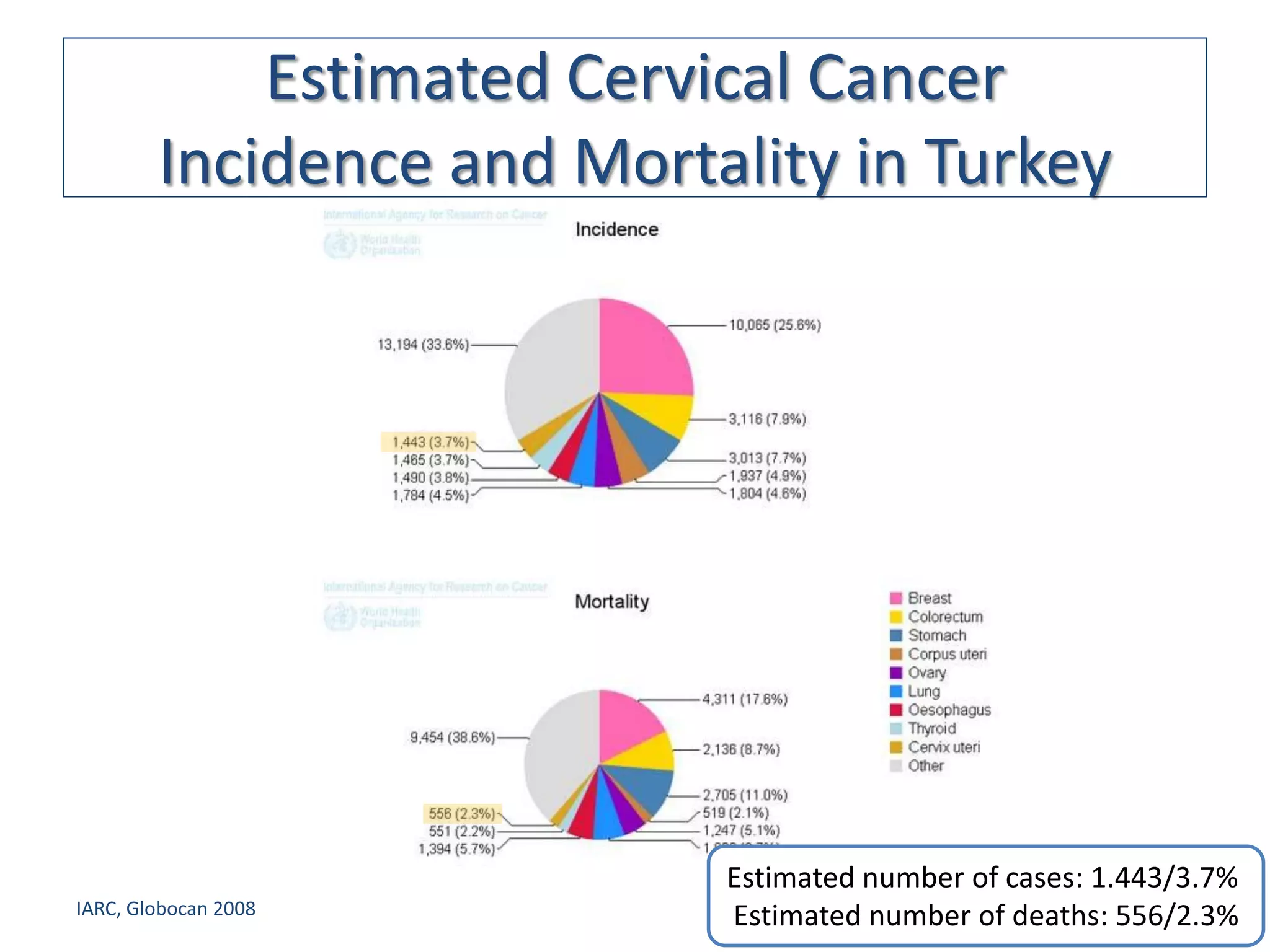 Estimated Cervical Cancer
        Incidence and Mortality in Turkey




                           Estimated number of cases: 1.443/3.7%
IARC, Globocan 2008        Estimated number of deaths: 556/2.3%
 