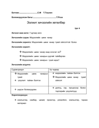 Батлав:...................................С.М Т.Ташкен 
Боловсруулсан багш:.............................................Т.Роза 
Ээлжит хичээлийн хөтөлбөр 
Цаг 4 
Хичээл заах анги: 7 дугаар анги 
Хичээлийн сэдэв: Мэдээллийн шинж чанар 
Хичээлийн зорилго: Мэдээллийн шинж чанар тухай ойлголттой болох 
Хичээлийн зорилт: 
 Мэдээллийн шинж чанар ямар ялгатай вэ? 
 Мэдээллийн шинж чанарын үүргийг тайлбарлах 
 Мэдээллийн шинж чанарын тухай харах? 
Хичээлийн агуулга: 
Судлагдахуун Ур чадвар 
 Мэдээллийн шинж чанарын 
тухай 
 үзүүлэлт тайлан бэлтгэх 
 мэдээллийн тайлан бэлтгэх 
 Мэдээллийн шинж чанар тухай 
ойлголт 
 үндсэн боловсруулах 
 дэлгэц, гар, процессор болон 
тэдгээрийн үзүүлэлтүүд 
Хэрэглэгдэхүүн: 
 компьютер, самбар, шохай, проектор, presention, компьютер, тараах 
материал 
 