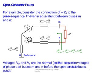 Open-‐Conductor Faults
For example, consider the connection of – Z1 to the
positive-‐sequence Thévenin equivalent between buses m
and n:
V
mm
Z  Zmn
1 1
 


m
m
n
0 Reference
Voltages Vm and Vn are the normal (positive-‐sequence)voltages
of phase a at buses m and n before the open-‐conductorfaults
occur.


mn
1
Z  Znm
1
 
Vn
nn
11/12/13 Unsymmetrical Faults (c) 2013 H.
Zmuda
114
1
Z  Znm
1
 
Z1
th,mn
Z1
mm
1
nn
1
 
 Z  Z  2Zmn
1

 