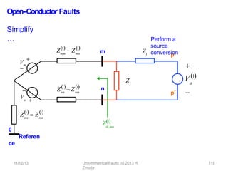 Open-‐Conductor Faults
Simplify
…
Vm
mm
1
Z  Zmn
1
 


m
n
0
Referen
ce


1
Z  Z
mn nm
1
 
Vn
nn
1
Z  Znm
1
 
Z1
th,mn
Z1
Z
11/12/13 Unsymmetrical Faults (c) 2013 H.
Zmuda
118
1 p
p’ 

a
V1
Perform a
source
conversion
 