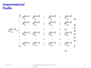 11/11/13 Unsymmetrical Faults (c) 2013 H.
Zmuda
12
Unsymmetrical
Faults
bus
0,1,2
 

11 12
Z0,1,2
1k
Z0,1,2
1N
21
Z0,1,2 Z0,1,2
Zk1
0,1,2
  Z0,1,2 Z0,1,2
Z
0,1,2
 
 Z0,1,2
N1 N 2
Z0,1,2
Nk
Z0,1,2
22 2k 2N
k 2 kk kN
NN
Z0,1,2



 Z0,1,2






 Z0,1,2


Z0,1,2







Z0,1,2

 