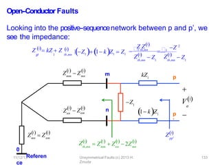 Open-‐Conductor Faults
Looking into the positive-‐sequencenetwork between p and p’, we
see the impedance:
mm
1
Z  Zmn
1
 
m
n
0
Referen
ce
1
Z  Z
mn nm
1
 
Znn
 Znm
1 1
Z1
th,mn
Z1
mm
1
nn
1
 
 Z  Z  2Zmn
1

kZ1
1 kZ1
p
p
’

a
V1

pp
11/12/13 Unsymmetrical Faults (c) 2013 H.
Zmuda
133
Z1
Z 1 kZ  Z
p
p
 1 th,mn
1

Z1  1 kZ1  Z1
Z Z1
th,mn
Z1
1 th,mn
1
 Z1
Z 2
th,mn
Z1
 Z1
 