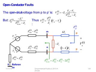 Open-‐Conductor Faults
The open-‐circuitvoltage from p to p’ is:
Thus
:
Vm
mm
1
Z  Zmn
1
 


m
n


mn
1
Z  Znm
1
 
Vn
Znn
 Znm
1 1
Z1
th,mn
Z1
mm
1
nn
1
 
 Z  Z  2Zmn
1

kZ1
1 kZ1
p
p
’

a
V1

pp
Z1
pp
1

V  Z
Vm Vn
th,mn
1
Z 1
 Z1
pp
But: Z 1
Z1
2
th,mn
Z1
 Z1
V
0
11/11/13
Referen
ce Unsymmetrical Faults (c) 2013 H.
Zmuda
134
pp
1

 p
p

Z1
Z1
m n
V  V 
 