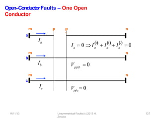 Open-‐ConductorFaults – One Open
Conductor
Ia
Ib
Ic
a
b
c
m
m
m
n
n
p
11/11/13 Unsymmetrical Faults (c) 2013 H.
Zmuda
137
p
’
a
I  0 I
0
a

 I
1
a
 I
2
a
 
 0
n
pp
,b
V  0
Vpp,c 0
 