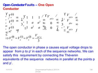 Open-‐ConductorFaults – One Open
Conductor
The open conductor in phase a causes equal voltage drops to
appear from p to p' in each of the sequence networks. We can
satisfy this requirement by connecting the Thévenin
equivalents of the sequence networks in parallel at the points p
and p’.
a
a
a


 V0



 V2

 V1 
 3

 
1 
1 1 1
 1 a a2
1 a2
a


V
pp
,a
0
0







 
 V 




pp
,a
pp
,a

1

3
 
 V 

 V 
pp,a

 V

Va
0

a
1
a
2
 
 V 
V 
pp ,a
3
11/11/13 Unsymmetrical Faults (c) 2013 H.
Zmuda
138
 