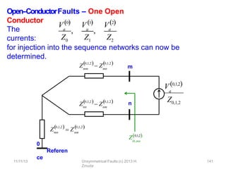 Open-‐ConductorFaults – One Open
Conductor
The
currents:
a
, a
, a
V0 V1 V2
Z0 Z1 Z2
for injection into the sequence networks can now be
determined.
Zmm
0,1,2
 Zmn
0,1,2
   
m
n
0
Referen
ce
Zmn
0,1,2
 Znm
0,1,2
   
Znn
0,1,2
 Znm
0,1,2
   
th,mn
Z0,1,2
V0,1,2
a
Z0,1,2
11/11/13 Unsymmetrical Faults (c) 2013 H.
Zmuda
141
 