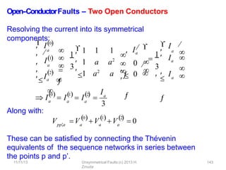 Open-‐ConductorFaults – Two Open Conductors
Resolving the current into its symmetrical
components:
These can be satisﬁed by connecting the Thévenin
equivalents of the sequence networks in series between
the points p and p’.
a
a
I1




Ia
 I0


2


 3


1 
1 1 1
 1 a a2
1 a2
a
0
0

Ia







 


a
a
3
  I


 I 

1  
 Ia 

 

0
a


 I 
Along with:
a
1
a
2
   
I  I 
Ia
3
V V
11/11/13 Unsymmetrical Faults (c) 2013 H.
Zmuda
143
0
pp
,a a a a
1 2
   
V V  0
 