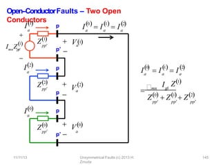 Open-‐ConductorFaults – Two Open
Conductors
pp
Z1
pp
Z2
pp
Z0
a
11/11/13 Unsymmetrical Faults (c) 2013 H.
Zmuda
145
I1
a
I2
a
I0
I
0
a
 I
1
a
 I
2
a
   
p
p
p
 1
a
 V0


Va
2
Va
p’ 
p
’
p’ 

Imn
Zpp
1

I
0
a

 I
1
a
 I
2
a
 
I
mn p
p

Z1
pp pp pp
Z0  Z1  Z2
 