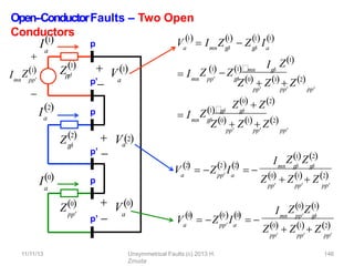 Open-‐ConductorFaults – Two Open
Conductors
Zpp
1
Z2
p
p

pp
Z0
a
I1
Ia
2
a
I0
p
p
p
a
 V1
a
 V0
 2
p’
Va
p’ 
p’ 

11/11/13 Unsymmetrical Faults (c) 2013 H.
Zmuda
146
Imn pp
Z1

Va
1 1
 
 I Z  Z I
1 1
mn p
p
 p
p
 a
 
 Imn pp
I
Z 1  Z1mn p
p

Z1
pp pp pp
p
p

Z0  Z1  Z2
 Imn
Z1p
p
 p
p

Z0  Z2
pp pp pp
p
p

Z0  Z1  Z2
Va
2

 Z I
pp a
2 2
  
 
Imn p
p
 p
p

Z1Z2
pp pp pp
Z0  Z1  Z2
Va
0

 Z I
pp a
0 0
  
 
Imn pp p
p

Z0Z1
pp pp pp
Z0  Z1  Z2
 