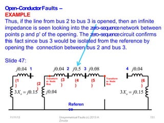 Open-‐ConductorFaults –
EXAMPLE
Thus, if the line from bus 2 to bus 3 is opened, then an inﬁnite
impedance is seen looking into the zero-‐sequencenetwork between
points p and p' of the opening. The zero-‐sequencecircuit conﬁrms
this fact since bus 3 would be isolated from the reference by
opening the connection between bus 2 and bus 3.
Slide 47:
j0.04 1 j0.04 2 4
j0.04
Referen
ce
j0.5 3 j0.08 j0.04
3Xn  j0.15
(1
) (2
)
(3
)
(4
)
(5
)
(6
)
3Xn  j0.15
Transform
er Node
Bus
11/11/13 Unsymmetrical Faults (c) 2013 H.
Zmuda
151
Transform
er Node
Bus
 