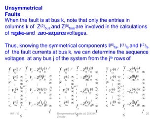 11/11/13 Unsymmetrical Faults (c) 2013 H.
Zmuda
20
Unsymmetrical
Faults
When the fault is at bus k, note that only the entries in
columns k of Z(2)
bus and Z(0)
bus are involved in the calculations
of negative-‐and zero-‐sequencevoltages.
Thus, knowing the symmetrical components I(0)
fa, I(1)
fa and I(2)
fa
of the fault currents at bus k, we can determine the sequence
voltages at any bus j of the system from the jth rows of
1a
2a
Na




 Vka


 V 1 


 V 1 

1 



 V 1 
 Z I
f 1k fa
1 1
 Z I
f 2k fa

f
 Z I
Nk fa
 



 
 V  Z I
f kk fa


 V



 V    


 V 1 1 

1 1 



1 1
 


,
1a
2a
Na




 Vka


 V2 


 V2 

2 



 V2 
Z I
1k fa
2 2
Z I
2k fa

Zkk Ifa
Z I
Nk fa




 







  




 2 2
 
2 2 



2 2
 


,
1a
2a
Na




 Vka


 V 0 


 V 0 

0 



 V 0 
Z I
1k fa
0 0
Z I
2k fa

Zkk Ifa
Z I
Nk fa

0 0 



 







   




 0 0
 




0 0
 

 