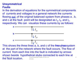 Unsymmetrical
Faults
This shows the three lines a, b, and c of the three-‐phasesystem
at the part of the network where the fault occurs. The ﬂow of
current from each line into the fault is indicated by arrows
shown beside hypothetical stubs connected to each line at
the fault location.
In the derivation of equations for the symmetrical components
of currents and voltages in a general network the currents
ﬂowing out of the original balanced system from phases a , b,
and c at the fault point will be designated as Ia, lb, and lc,
respectively. We can visualize these currents by as follows:
a
Ifa
b
Ifb
I
11/11/13 Unsymmetrical Faults (c) 2013 H.
Zmuda
4
fc
c
 