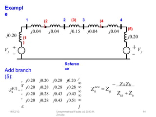 Exampl
e
Add branch
(5):

1
11/12/13 Unsymmetrical Faults (c) 2013 H.
Zmuda
44
2 (3) 3 4
 V

f
Vf


j0.20
j0.04 j0.15
j0.04 j0.04 j0.04
Referen
ce
(1
)
(5)
j0.20
(2
)
(4
)
Z4
1,2
 

j0.20 j0.28 j0.28 j0.28
j0.20 j0.28 j0.43 j0.43
j0.20 j0.28 j0.43 j0.51






j0.20 j0.20 j0.20 j0.20 






Znew
ij  Zij
Z Z
 ik kj
Z  Z
kk b
 