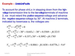 11/12/13 Unsymmetrical Faults (c) 2013 H.
Zmuda
83
Example – L
i
n
e
-
‐
t
o
-
‐
L
i
n
eFaults
To account for phase shiLs in stepping down from the high--
‐voltagetransmission line to the low-‐voltageterminals of machine
2, we must retard the positive-‐sequencevoltage and advance
the negative-‐sequencevoltage by 30°. At machine 2 terminals,
indicated by lowercase a, the voltages are:
V4a 43 fa
0 0 0
    
 Z I  0
V4a
1
4a
1
 
 V   30  0.643  30  0.5569  j0.3215
V4a
2

4a
2

 V 30  0.35730  0.3092 j0.1785
V V
4a 4a
0

4a
1
V V4a
2
 
 0.8861 j0.1430  0.8778 9.4
 