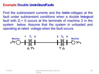 Example Double L
in
e
-‐
to
-‐
Gro
u
n
dFaults
Find the subtransient currents and the l
i
n
e
-
‐
t
o
-
‐
l
i
n
e voltages at the
fault under subtransient conditions when a double l
ine
-‐
to
-‐g
roun
d
fault with Zf = 0 occurs at the terminals of machine 2 in the
system below. Assume that the system in unloaded and
operating at rated voltage when the fault occurs.
1 T1 2
11/12/13 Unsymmetrical Faults (c) 2013 H.
Zmuda
95
3 T2 4
Machine
1
Machine
2
 