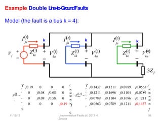 Example Double L
in
e
-‐
to
-‐
Gro
u
n
dFaults
Model (the fault is a bus k = 4):
kk
Z2
kk
Z0
3Zf
fa
I2
fa
I0
k
k

ka
 V0

ka
 V2
Vf


kk
Z1
fa
I1
k

11/12/13 Unsymmetrical Faults (c) 2013 H.
Zmuda
96
ka
 V1
0

Z 
j0.19 0 0 0
0 j0.08 j0.08 0
0 j0.08 j0.58 0
0 0 0 j0.19



bus







, 1,2
 
Z 
j0.1437 j0.1211 j0.0789 j0.0563
j0.1211 j0.1696 j0.1104 j0.0789
j0.0789 j0.1104 j0.1696 j0.1211
j0.0563 j0.0789 j0.1211 j0.1437



 bus 
 











 
