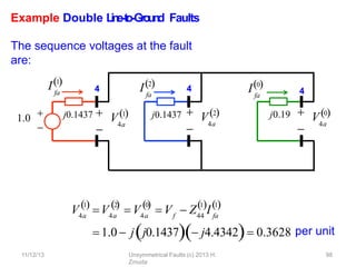 Example Double L
in
e
-‐
to
-‐
Gro
u
n
d Faults
The sequence voltages at the fault
are:
j0.1437 j0.19
fa
I2
fa
I0
4
4

4a
 V0

4a
 V2
1.0 

fa
I1
4

11/12/13 Unsymmetrical Faults (c) 2013 H.
Zmuda
98
4a
j0.1437  V1
V4a
1

V
2
 0

 V  V  Z I
4a 4a f 44 fa
1 1
 
 1.0  jj0.1437 j4.4342 0.3628 per unit
 