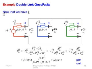 Example Double L
in
e
-‐
to
-‐
Gro
u
n
dFaults
per
unit
j0.1437 j0.19
fa
I2
fa
I0
4
4

4a
 V0

4a
 V2
1.0 

fa
I1
4

4a
j0.1437  V1
fa
2

I  I fa
1
 Z
0
kk

 3Z f
kk
Z 0
kk
2
  
 Z 3Z f
 I fa
1
 kk
Z0
kk
Z 0

 Z
2
kk
  I fa
1
 44
Z0
Z 0
 Z
44 44
2
  
 j4.4342
j0.19
j0.19  j0.1437
 j2.5247
11/12/13 Unsymmetrical Faults (c) 2013 H.
Zmuda
99
fa
Now that we have I
1
 