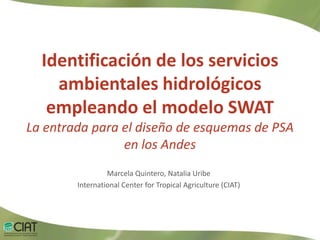 Identificación de los servicios
    ambientales hidrológicos
   empleando el modelo SWAT
La entrada para el diseño de esquemas de PSA
                en los Andes
                 Marcela Quintero, Natalia Uribe
        International Center for Tropical Agriculture (CIAT)
 