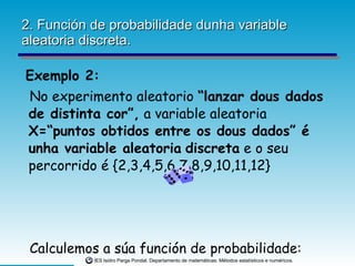 2. Función de probabilidade dunha variable aleatoria discreta. Exemplo 2: No experimento aleatorio  “lanzar dous dados de distinta cor”,  a variable aleatoria  X=“puntos obtidos entre os dous dados” é unha variable aleatoria   discreta  e o seu percorrido é {2,3,4,5,6,7,8,9,10,11,12} Calculemos a súa función de probabilidade: 