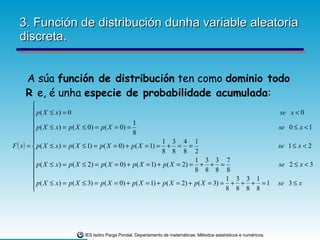 3. Función de distribución dunha variable aleatoria discreta. A súa  función de distribución  ten como  dominio todo R  e, é unha  especie de probabilidade acumulada : 