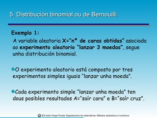 5. Distribución binomial ou de Bernouilli Exemplo 1: A variable aleatoria  X=“nº de caras obtidas”  asociada ao  experimento aleatorio “lanzar 3 moedas” , segue unha distribución binomial. O experimento aleatorio está composto por tres experimentos simples iguais “lanzar unha moeda”. Cada experimento simple “lanzar unha moeda” ten dous posibles resultados A=“saír cara” e B=“saír cruz”. 