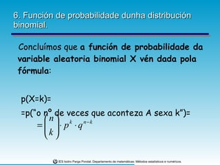 6. Función de probabilidade dunha distribución binomial. Concluímos que  a función de probabilidade da variable aleatoria binomial X vén dada pola fórmula : p(X=k)= =p(“o nº de veces que aconteza A sexa k”)= 